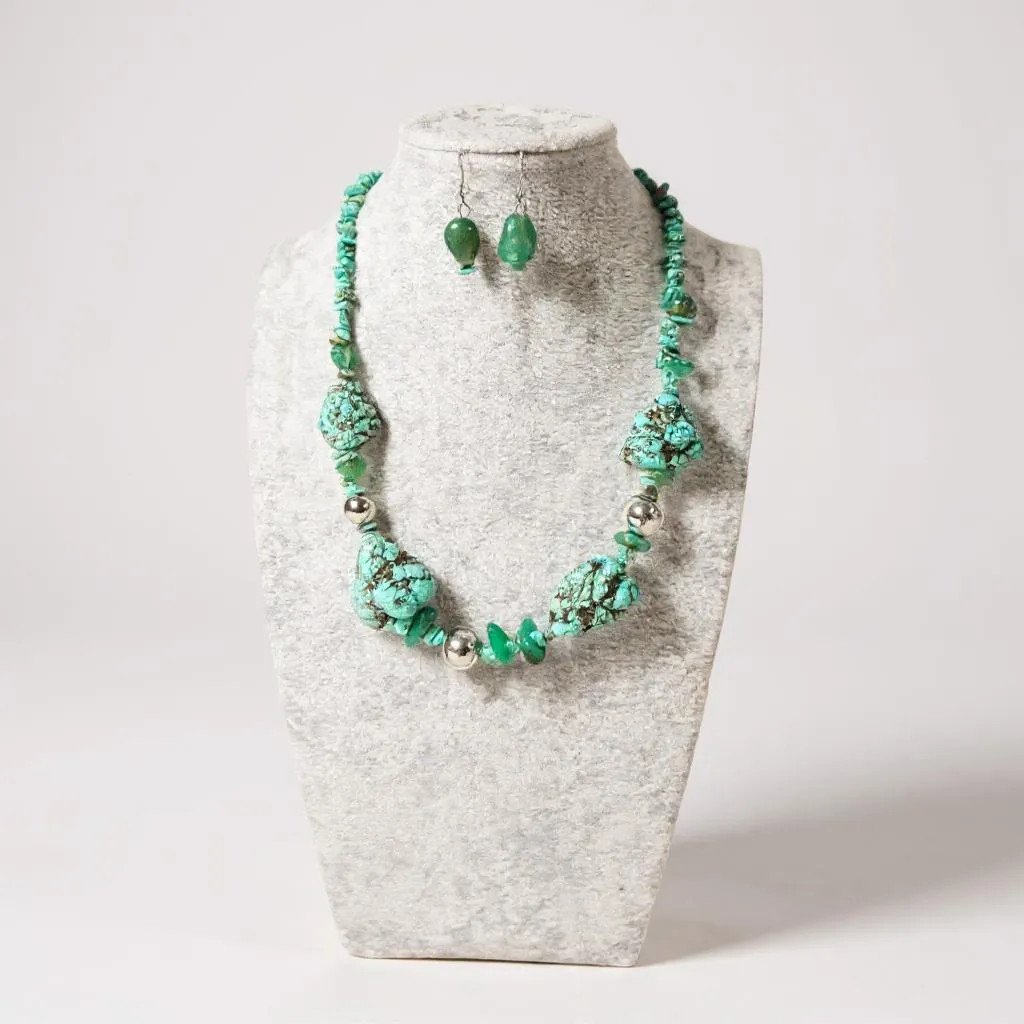 Turquoise Stone Bead With Silver Tone Bead Necklace Earring Set